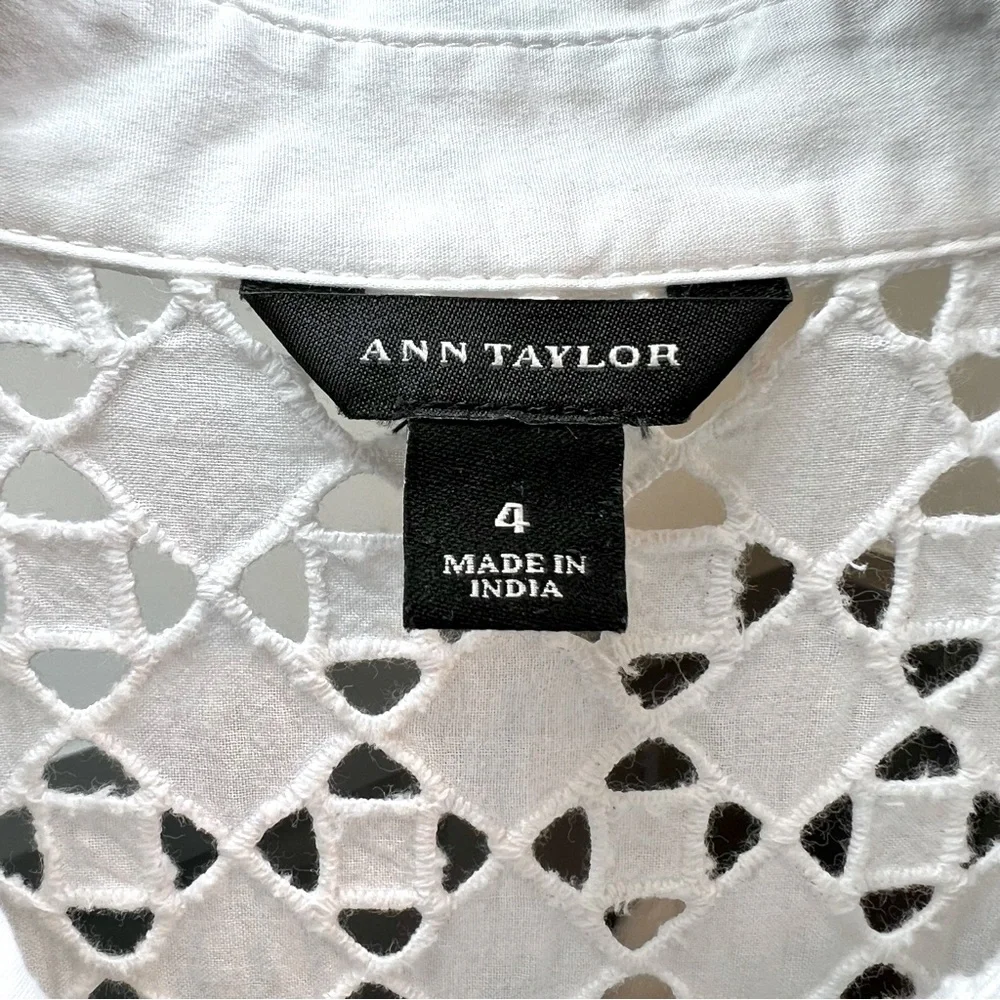 ANN TAYLOR White Eyelet Shirt Dress A-Line Cotton Lace Sleeveless Size 4 Summer - Picture 4 of 17